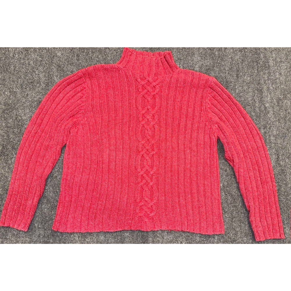 L.L.Bean Women's Cable Knit Sweater Turtleneck Braid Chunky Pink Cotton - Large